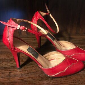 Vintage Red 3 inch Leather Pumps Heels, Gold Accents and Trim, Ankle Strap